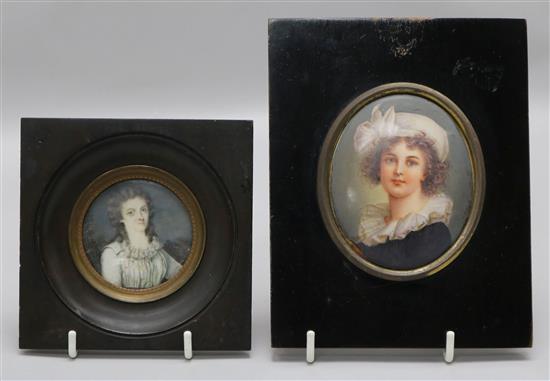A 19th century portrait miniature on ivory of Dame Angleique de Oultremer de Marigot, 5.5cm. and a Paris porcelain miniature